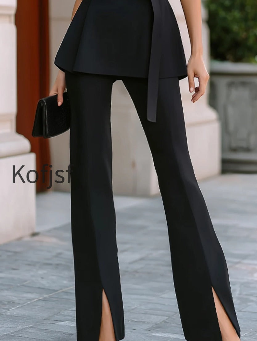 black-sleeveless-turtleneck-peplum-top-split-hem-flare-pants-two-piece-suit