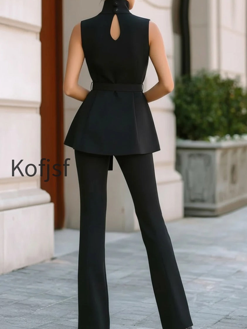 black-sleeveless-turtleneck-peplum-top-split-hem-flare-pants-two-piece-suit