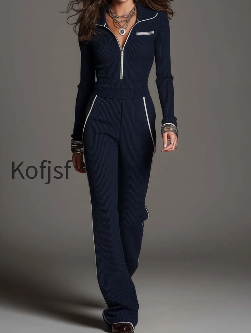 zip-collar-long-sleeve-ribbed-knit-crop-top-and-side-white-piping-flared-pants-two-piece-set