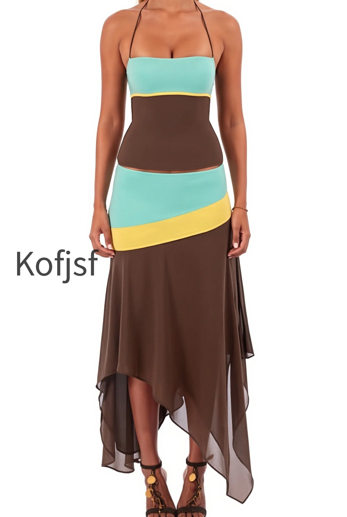 color-block-splice-irregular-skirt-set