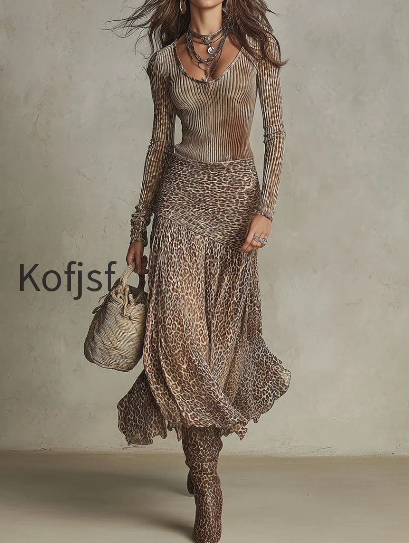 retro-slim-fit-ribbed-top-leopard-print-ruched-asymmetric-skirt-set