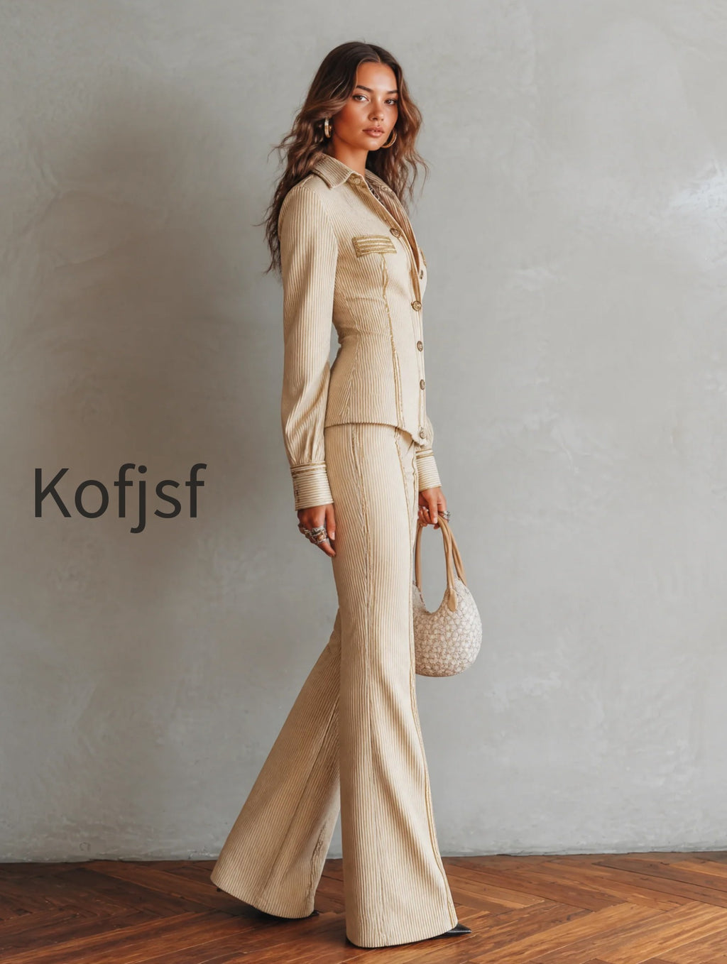 elegant-rib-knit-striped-long-sleeve-fitted-shirt-and-flare-pants-two-piece-set-with-gold-trim