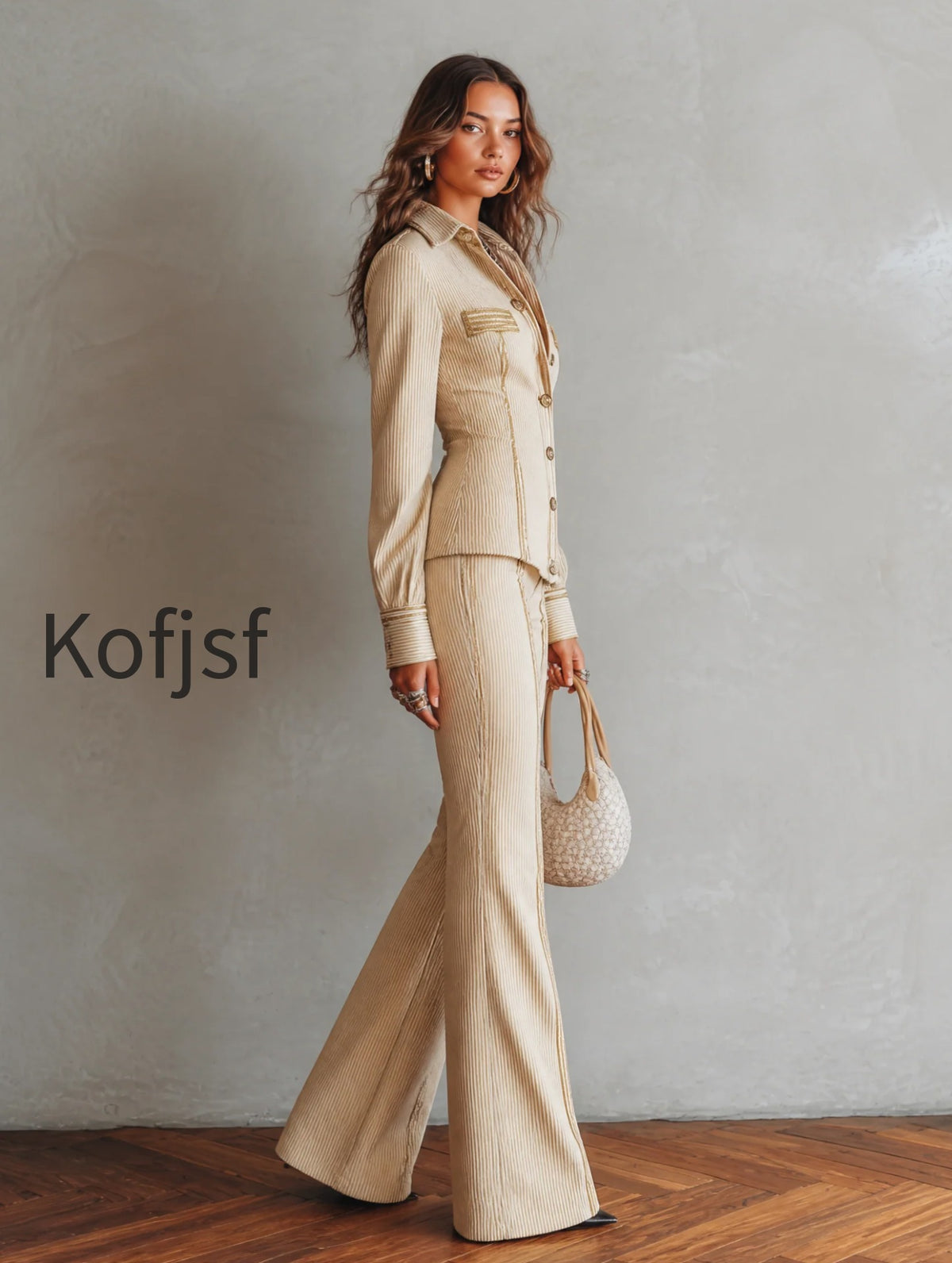 elegant-rib-knit-striped-long-sleeve-fitted-shirt-and-flare-pants-two-piece-set-with-gold-trim