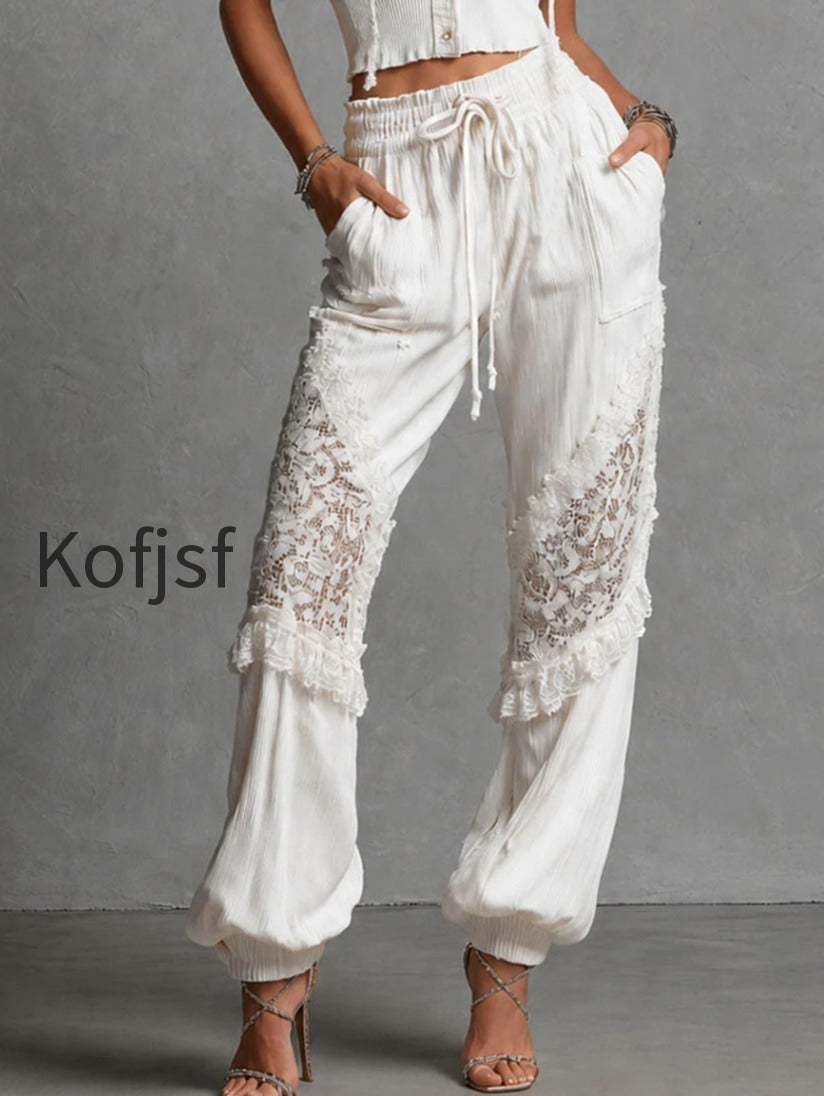 boho-chic-white-lace-panel-knite-hooded-top-drawstring-pants-set