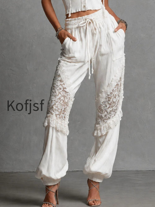 boho-chic-white-lace-panel-knite-hooded-top-drawstring-pants-set