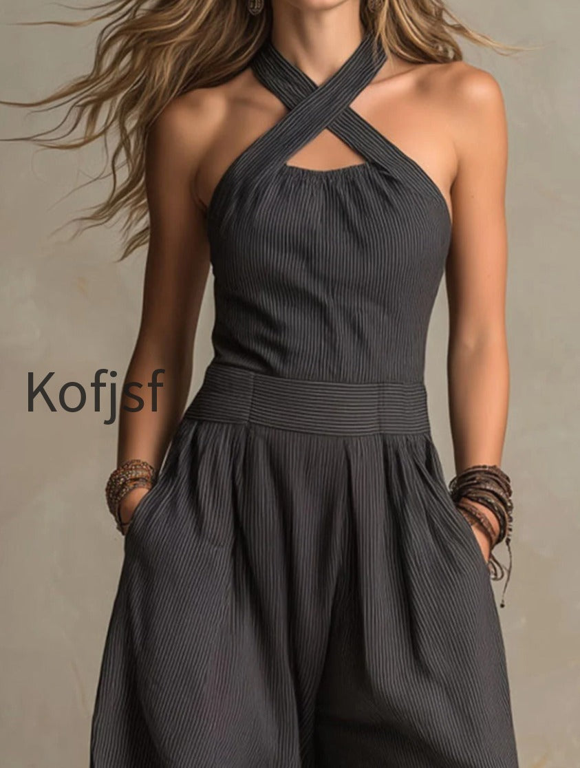 boho-charcoal-crisscross-halter-pinstripe-wide-leg-jumpsuit