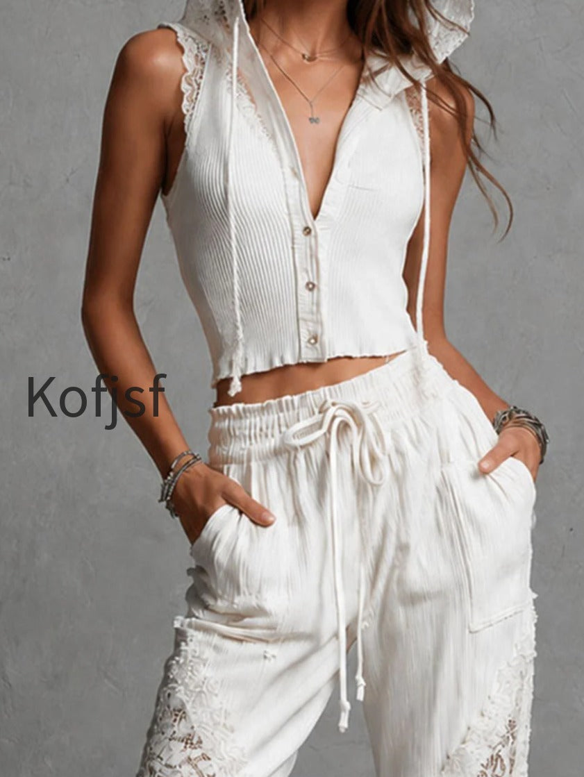 boho-chic-white-lace-panel-knite-hooded-top-drawstring-pants-set