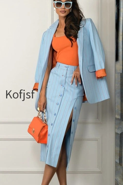 striped-lapel-long-sleeve-blazer-split-bodycon-two-piece-set