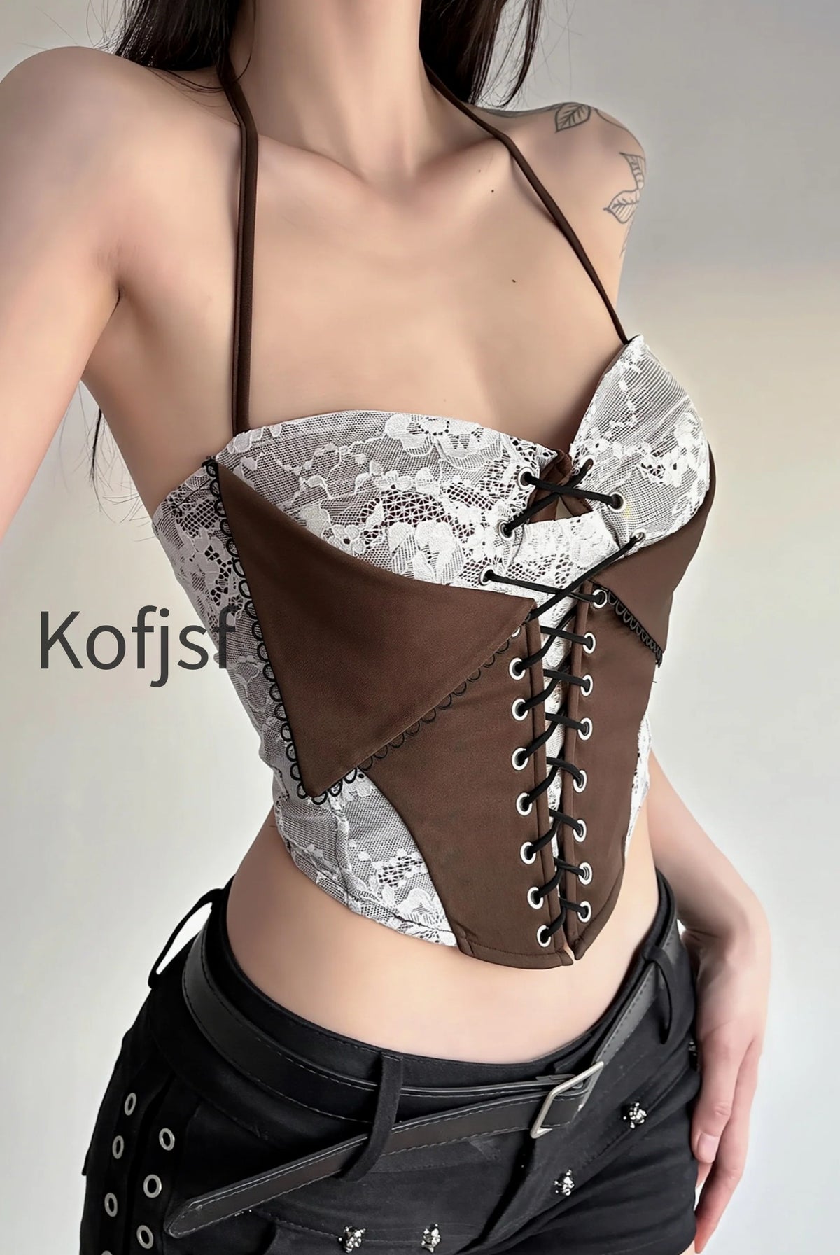 chic-color-block-lace-insert-tie-waist-backless-halter-top