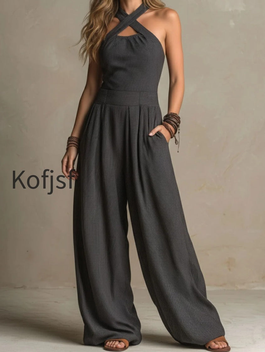 boho-charcoal-crisscross-halter-pinstripe-wide-leg-jumpsuit