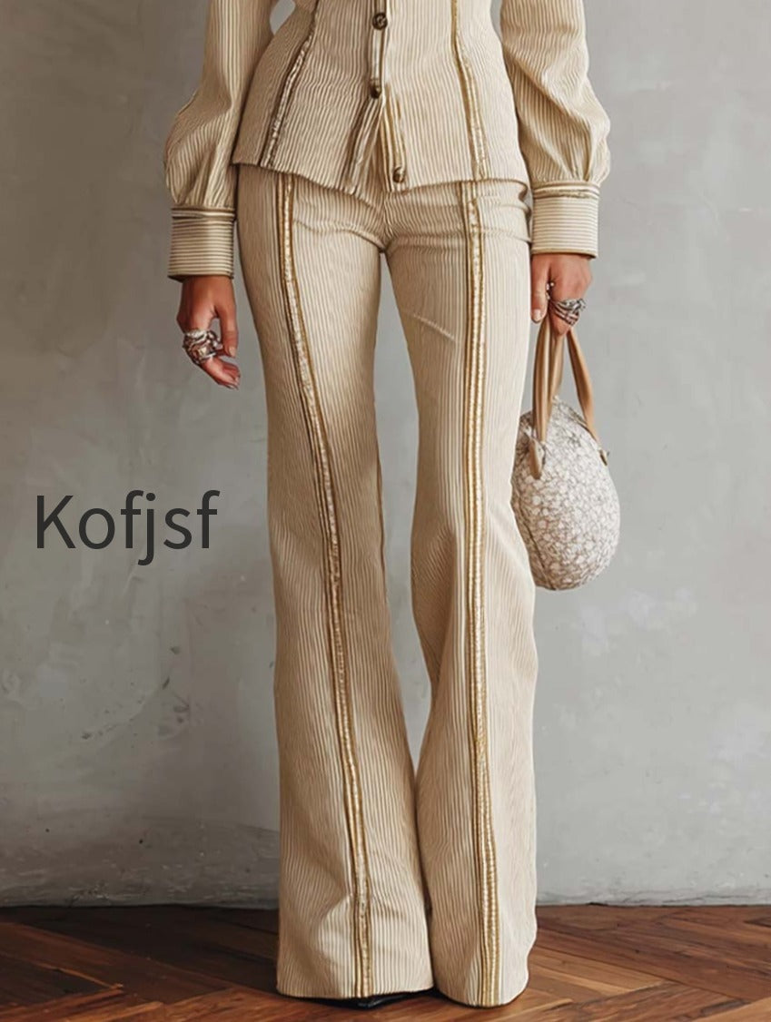 elegant-rib-knit-striped-long-sleeve-fitted-shirt-and-flare-pants-two-piece-set-with-gold-trim