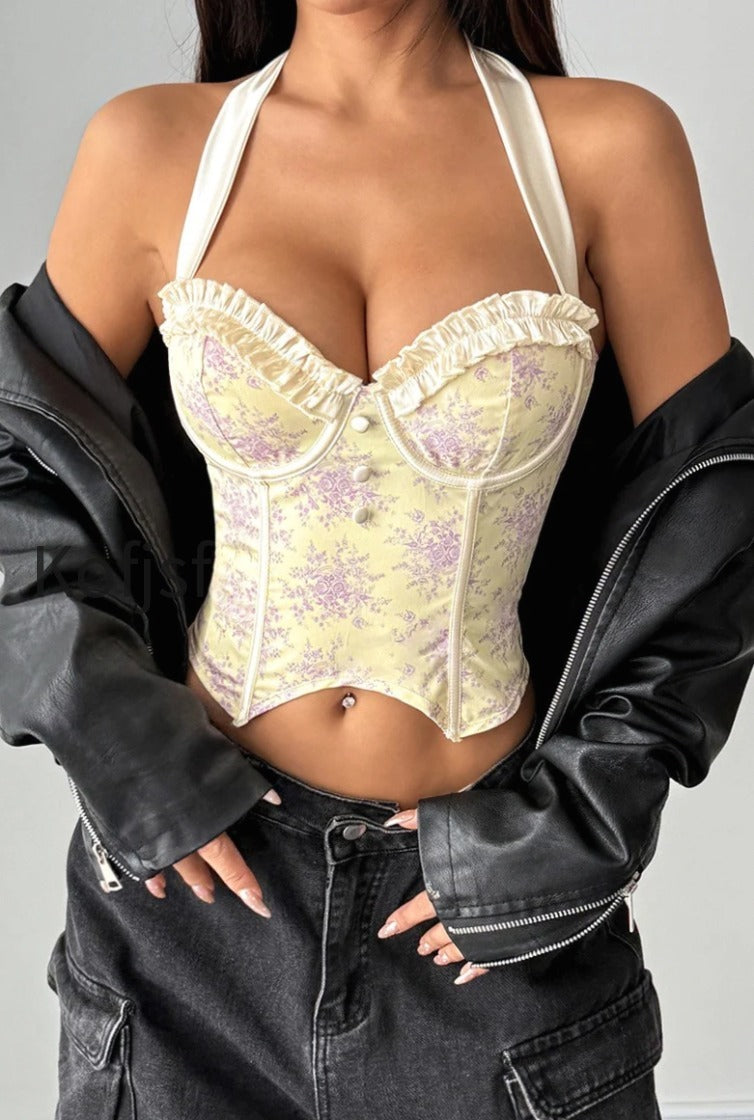 printed-ruffle-low-cut-backless-boned-underwire-halter-top