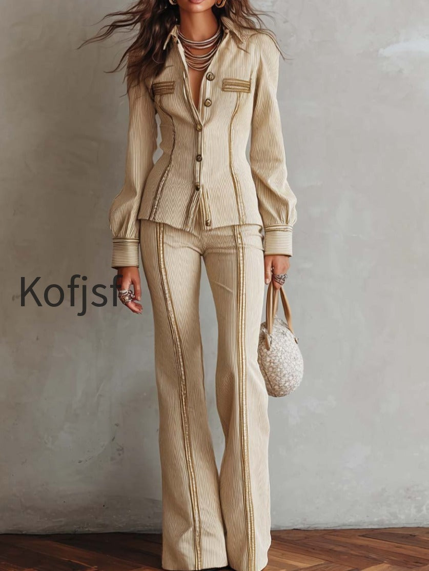 elegant-rib-knit-striped-long-sleeve-fitted-shirt-and-flare-pants-two-piece-set-with-gold-trim