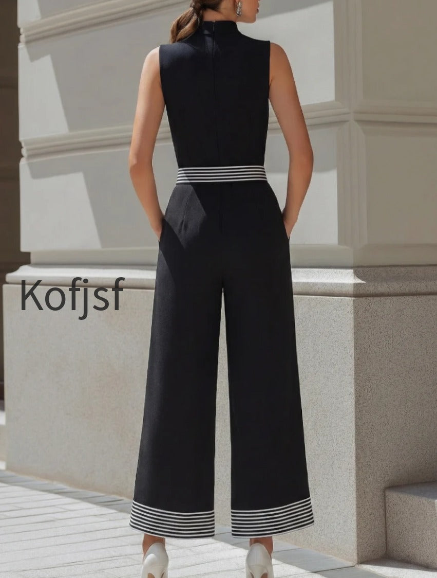 high-neck-contrast-stripe-belted-wide-leg-jumpsuit