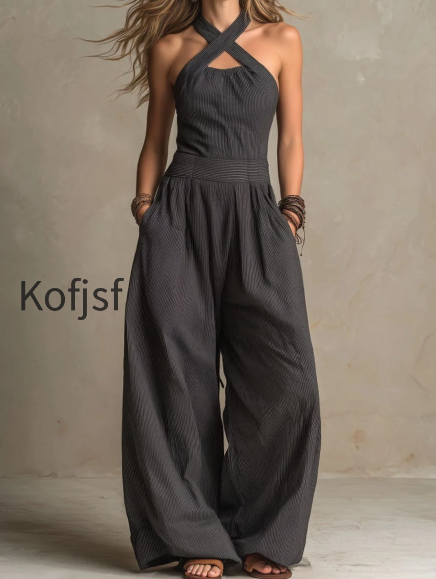 boho-charcoal-crisscross-halter-pinstripe-wide-leg-jumpsuit