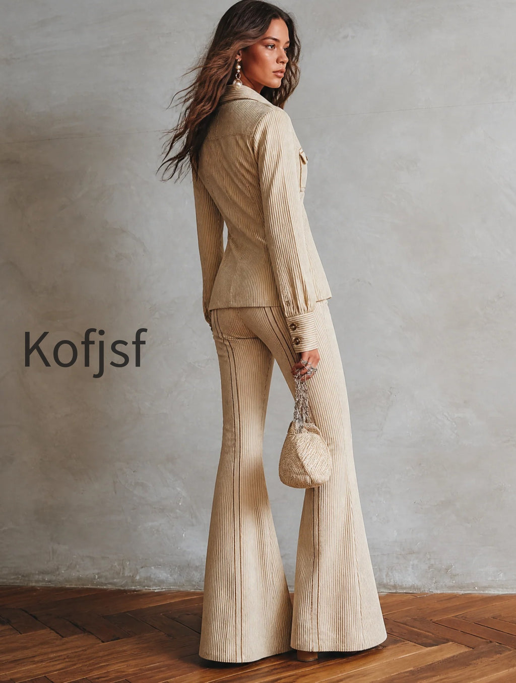 elegant-rib-knit-striped-long-sleeve-fitted-shirt-and-flare-pants-two-piece-set-with-gold-trim