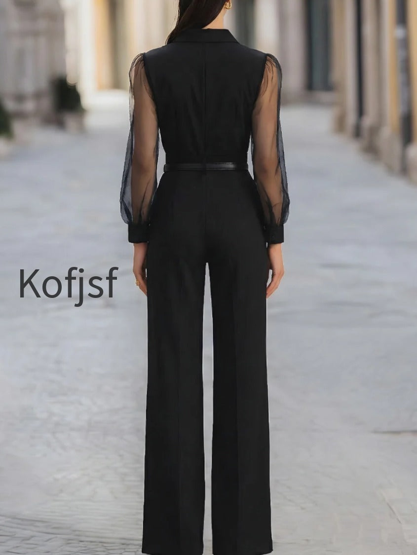 button-front-sheer-sleeve-tailored-wide-leg-jumpsuit