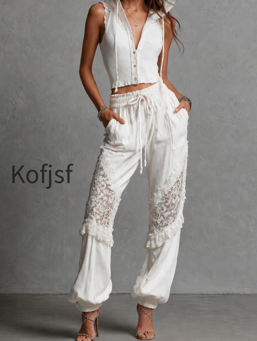 boho-chic-white-lace-panel-knite-hooded-top-drawstring-pants-set