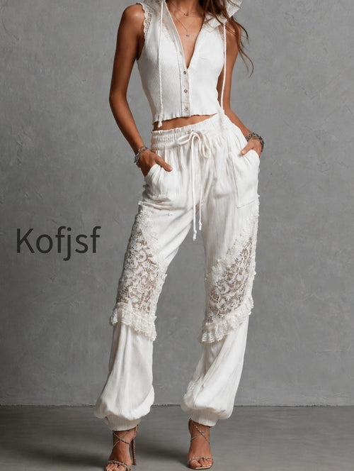 boho-chic-white-lace-panel-knite-hooded-top-drawstring-pants-set