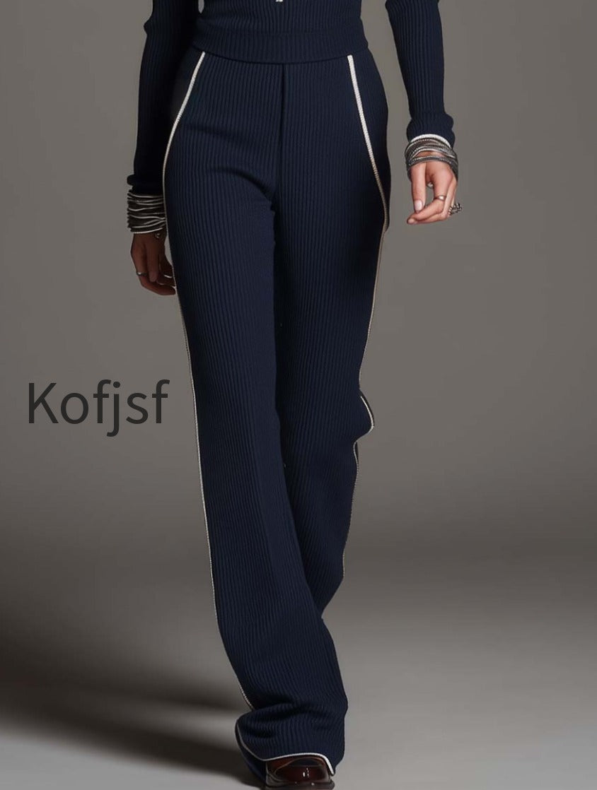 zip-collar-long-sleeve-ribbed-knit-crop-top-and-side-white-piping-flared-pants-two-piece-set