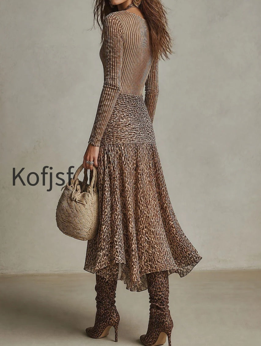 retro-slim-fit-ribbed-top-leopard-print-ruched-asymmetric-skirt-set