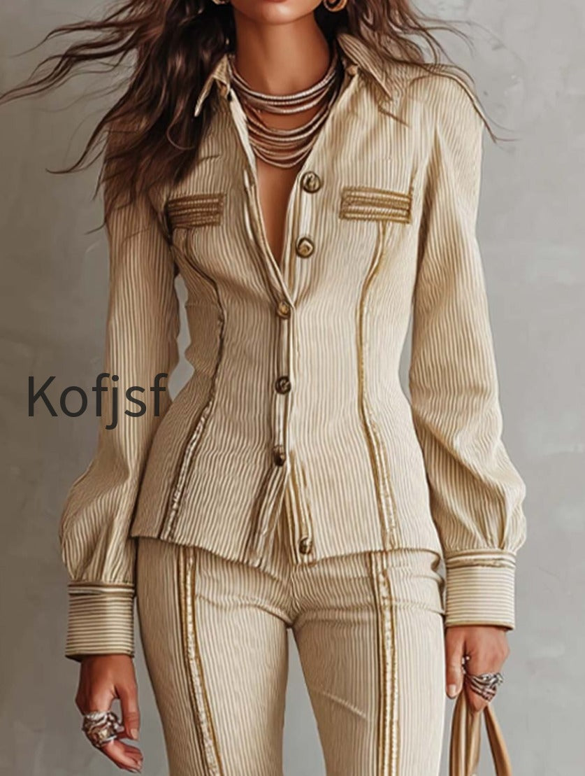 elegant-rib-knit-striped-long-sleeve-fitted-shirt-and-flare-pants-two-piece-set-with-gold-trim