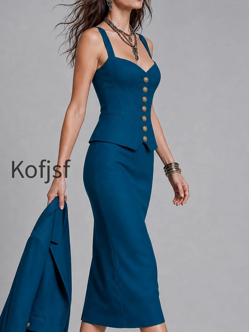 elegant-button-accented-sweetheart-neckline-top-slit-hem-skirt-set